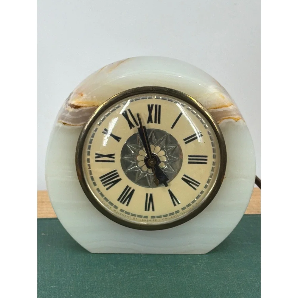 Vtg MCM Lanshire Alabaster Onyx Electric Desk Clock Model T3 Roman Numerals USA